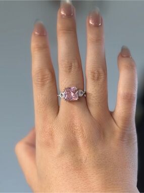 Pink Cushion-Cut Halo Ring with Side Stones - Women's Jewelry